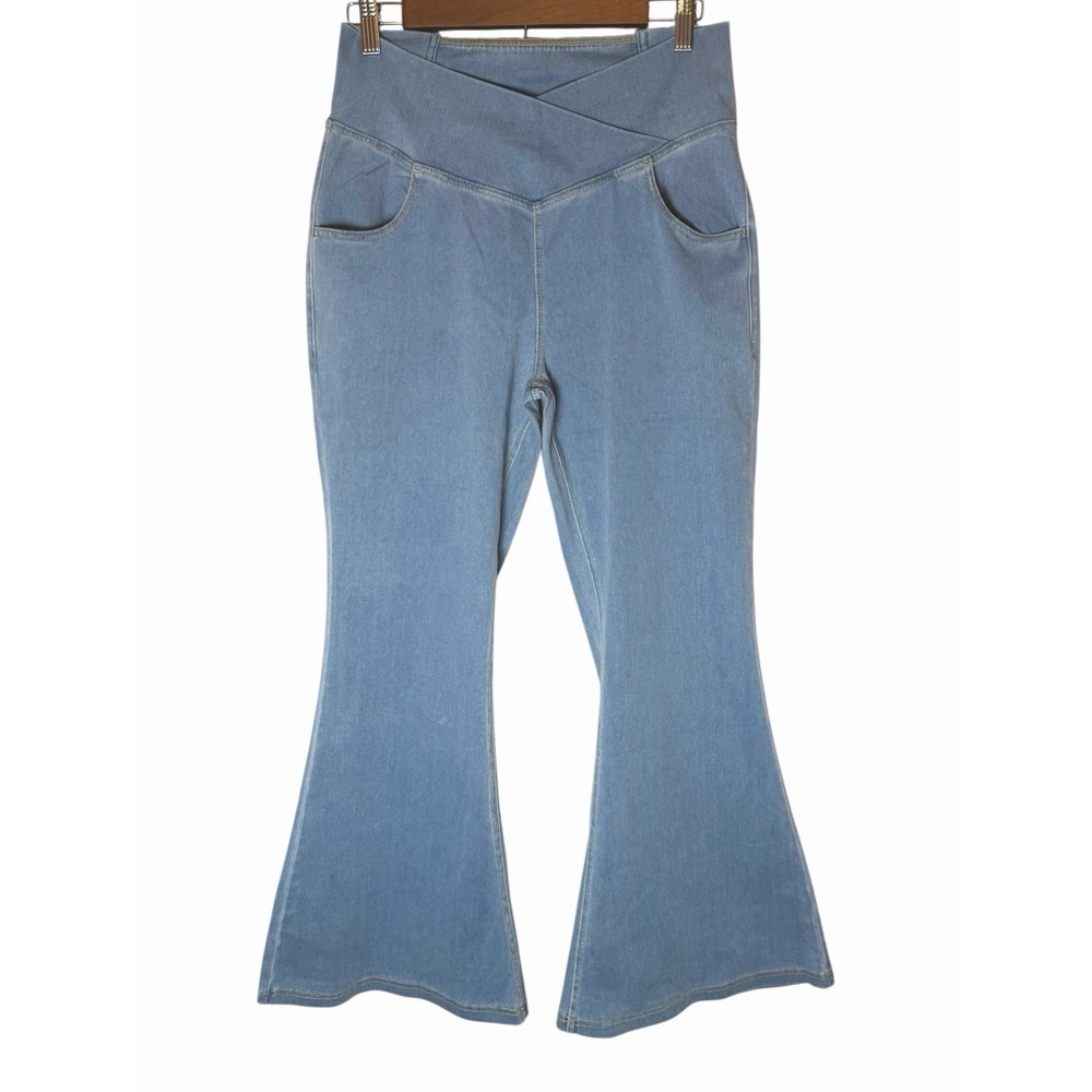 Halara Flex Crossover V-Waist Flare Jeans Light Wash High Rise Bell Bottom Large - Picture 6 of 10